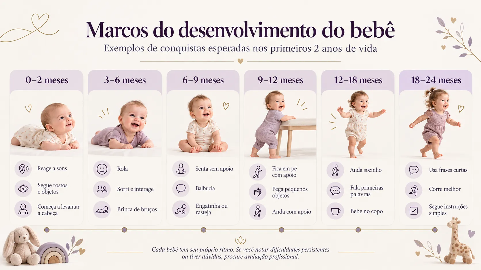Infográfico com os marcos do desenvolvimento do bebê de 0 a 24 meses: sustentar a cabeça, rolar, sentar, engatinhar, ficar em pé e andar