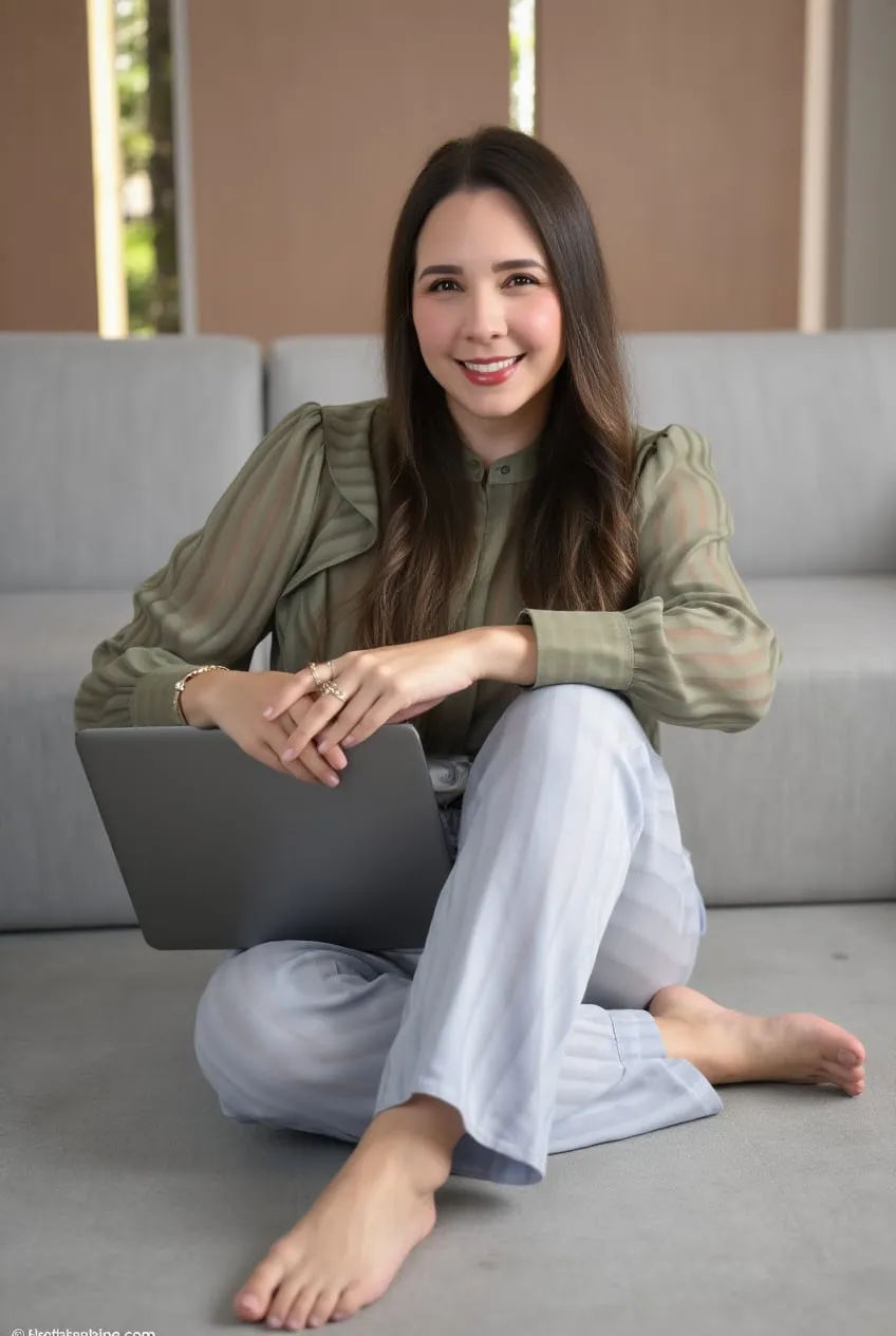 Dra. Vitória sorrindo, sentada no chão com um notebook